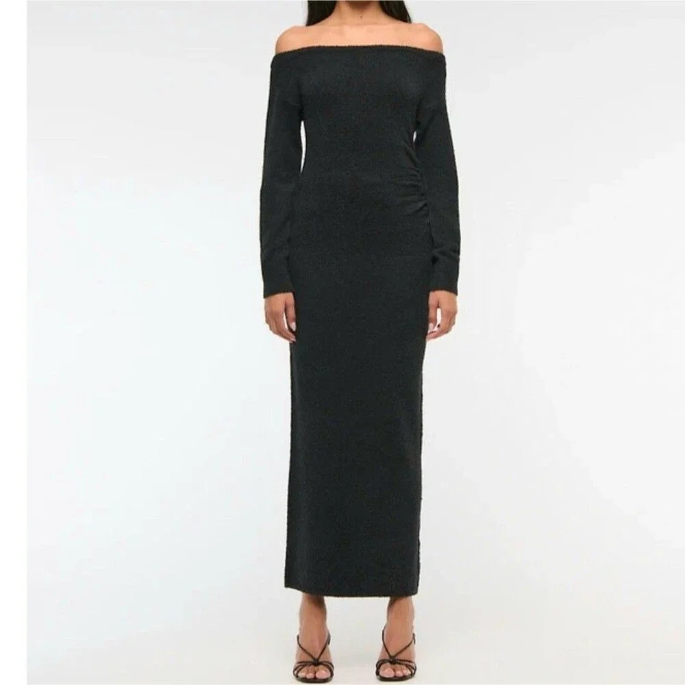 Abercrombie & Fitch Off-The-Shoulder Boucle Maxi Sweater Dress Black Medium NWT